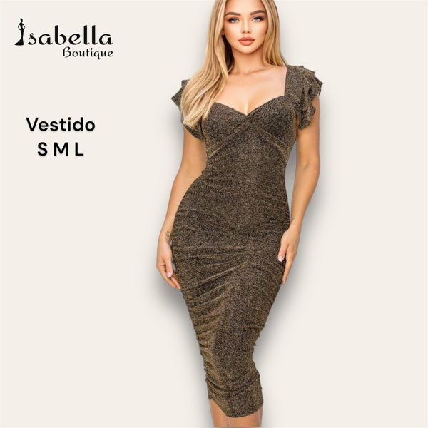 Vestido midi negro con dorado