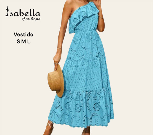 Vestido midi celeste un hombro