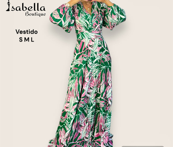 Maxi vestido verde con rosa