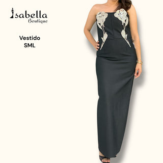 Vestido largo flor plata