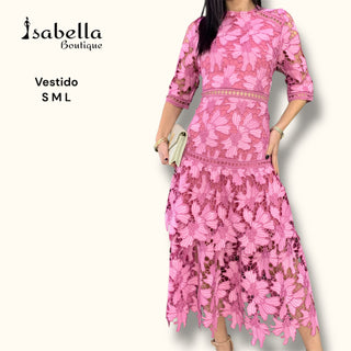 VESTIDO CROCHET ROSA MIDI OLANES