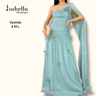 VESTIDO CELESTE CON FLORES UN HOMBRO