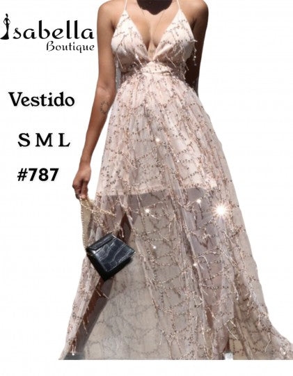 Vestido largo lentejuela rosa dorada